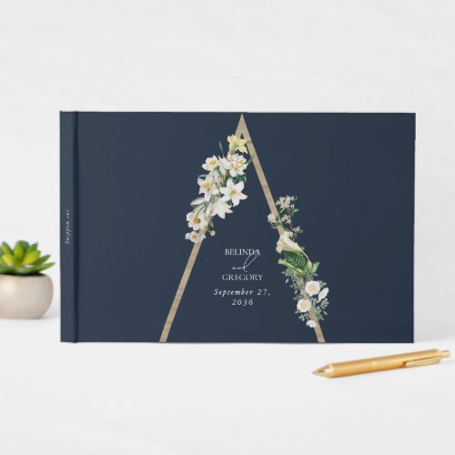 Bohemian Wood Pyramid White Florals Blue Wedding Guest Book