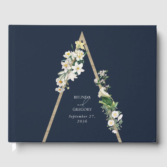 Bohemian Wood Pyramid White Florals Blue Wedding Guest Book (Front)