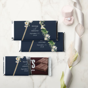 Bohemian Wood Pyramid White Florals Blue Wedding Hershey Bar Favors