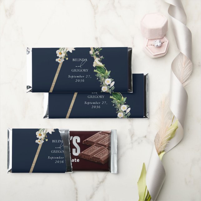 Bohemian Wood Pyramid White Florals Blue Wedding Hershey Bar Favors (Front)