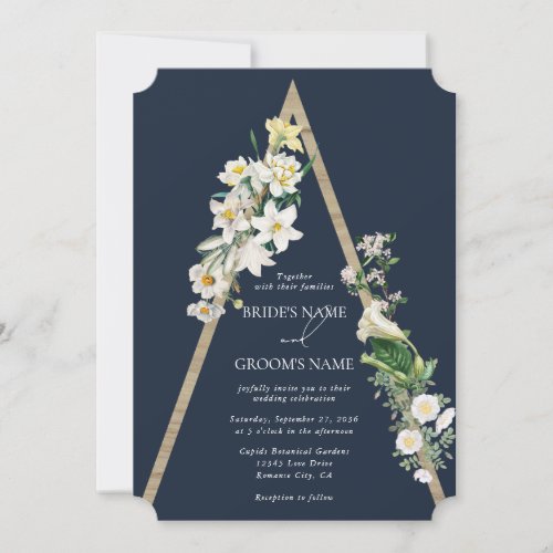 Bohemian Wood Pyramid White Florals Blue Wedding Invitation