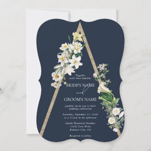 Bohemian Wood Pyramid White Florals Blue Wedding Invitation