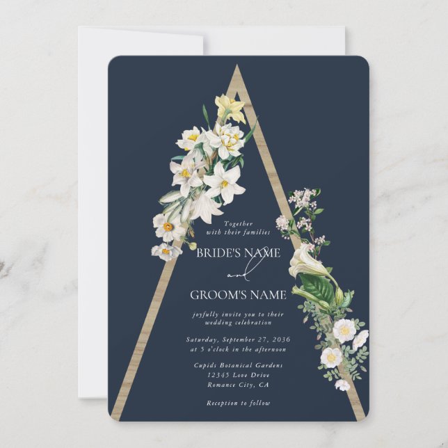 Bohemian Wood Pyramid White Florals Blue Wedding Invitation (Front)