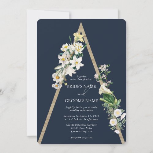 Bohemian Wood Pyramid White Florals Blue Wedding Invitation