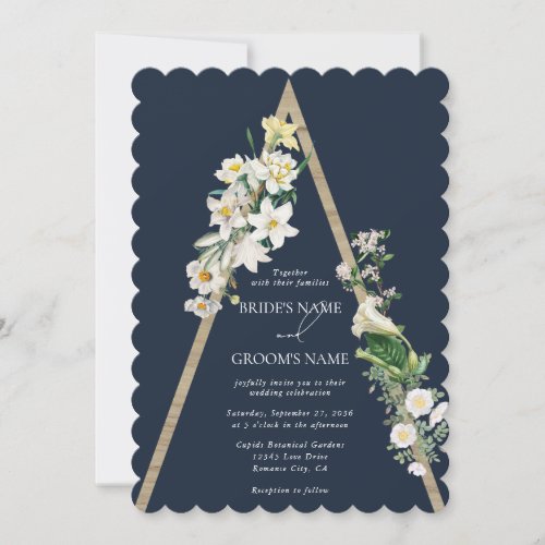 Bohemian Wood Pyramid White Florals Blue Wedding Invitation