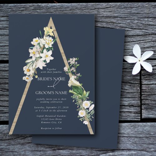 Bohemian Wood Pyramid White Florals Blue Wedding Invitation