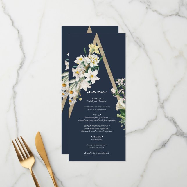 Bohemian Wood Pyramid White Florals Blue Wedding Menu (Front/Back In Situ)