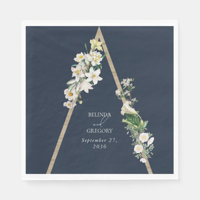 Bohemian Wood Pyramid White Florals Blue Wedding Napkins (Front)