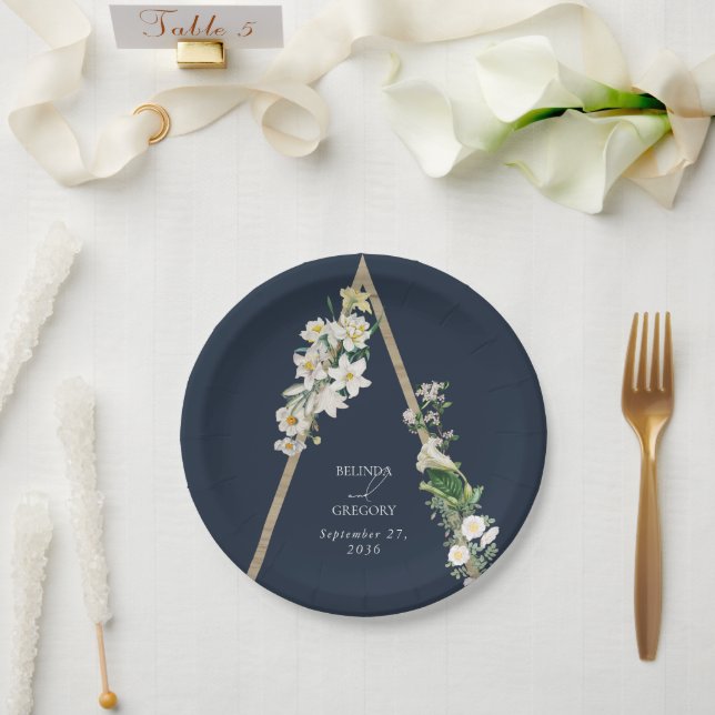 Bohemian Wood Pyramid White Florals Blue Wedding Paper Plates (Wedding)