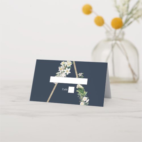 Bohemian Wood Pyramid White Florals Blue Wedding Place Card