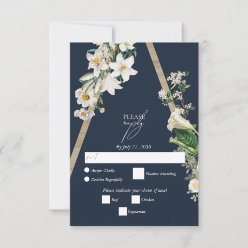 Bohemian Wood Pyramid White Florals Blue Wedding RSVP Card