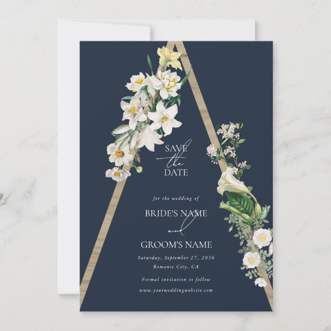 Bohemian Wood Pyramid White Florals Blue Wedding Save The Date (Front)