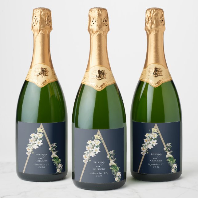 Bohemian Wood Pyramid White Florals Blue Wedding Sparkling Wine Label (Bottles)