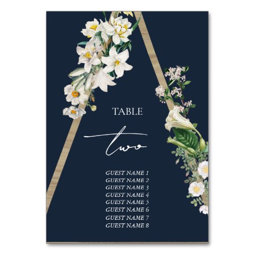 Bohemian Wood Pyramid White Florals Blue Wedding Table Number