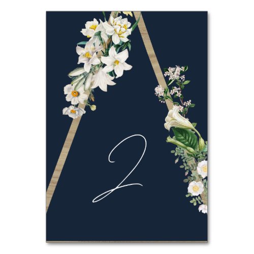 Bohemian Wood Pyramid White Florals Blue Wedding Table Number