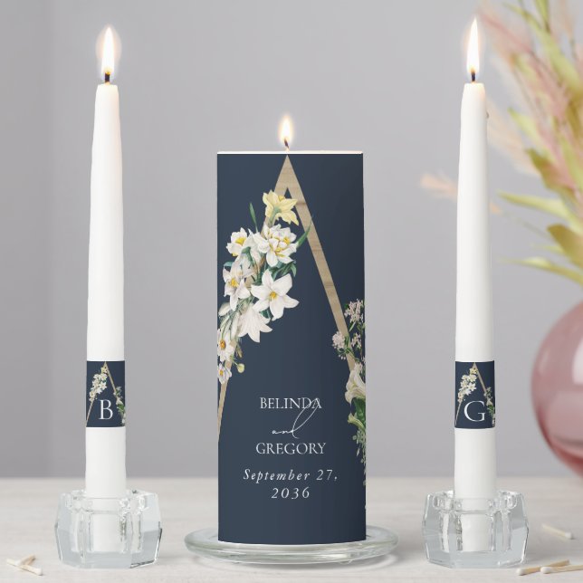 Bohemian Wood Pyramid White Florals Blue Wedding Unity Candle Set (In Situ)
