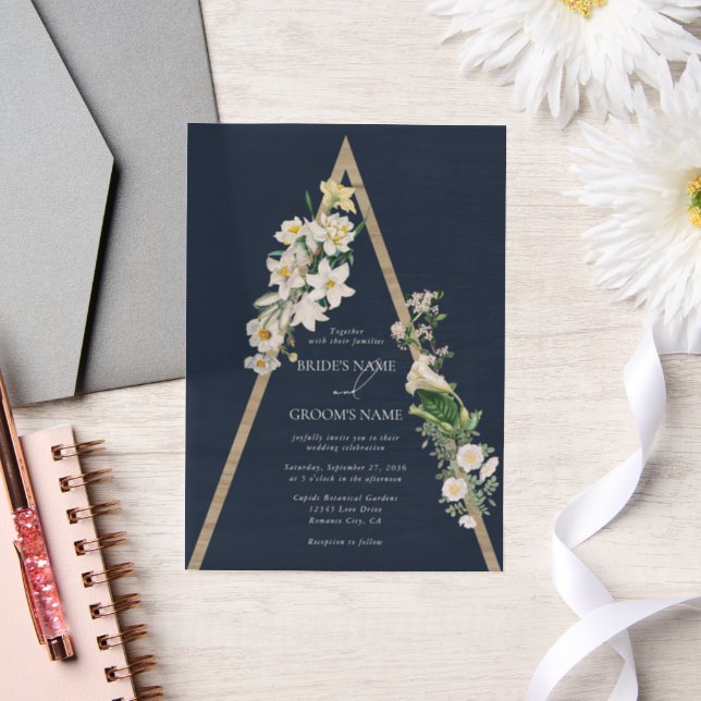 Bohemian Wood Pyramid White Florals Blue Wedding Vellum Invitations (Wedding)