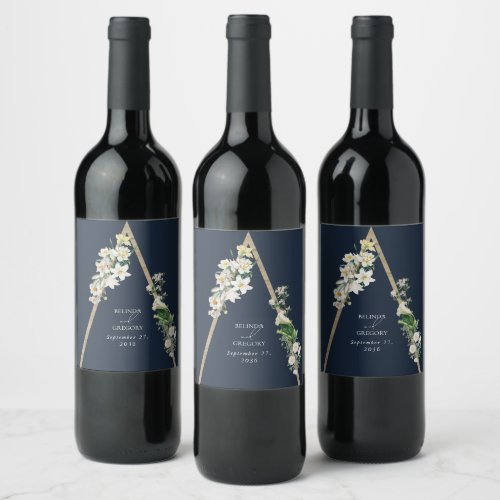 Bohemian Wood Pyramid White Florals Blue Wedding Wine Label