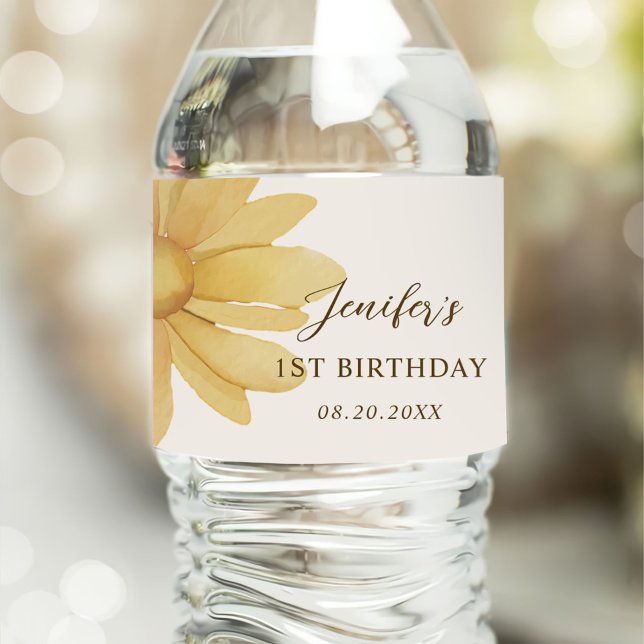 Bohemian Yellow Daisy Floral 1st Birthday Party Water Bottle Label (Creator Uploaded)