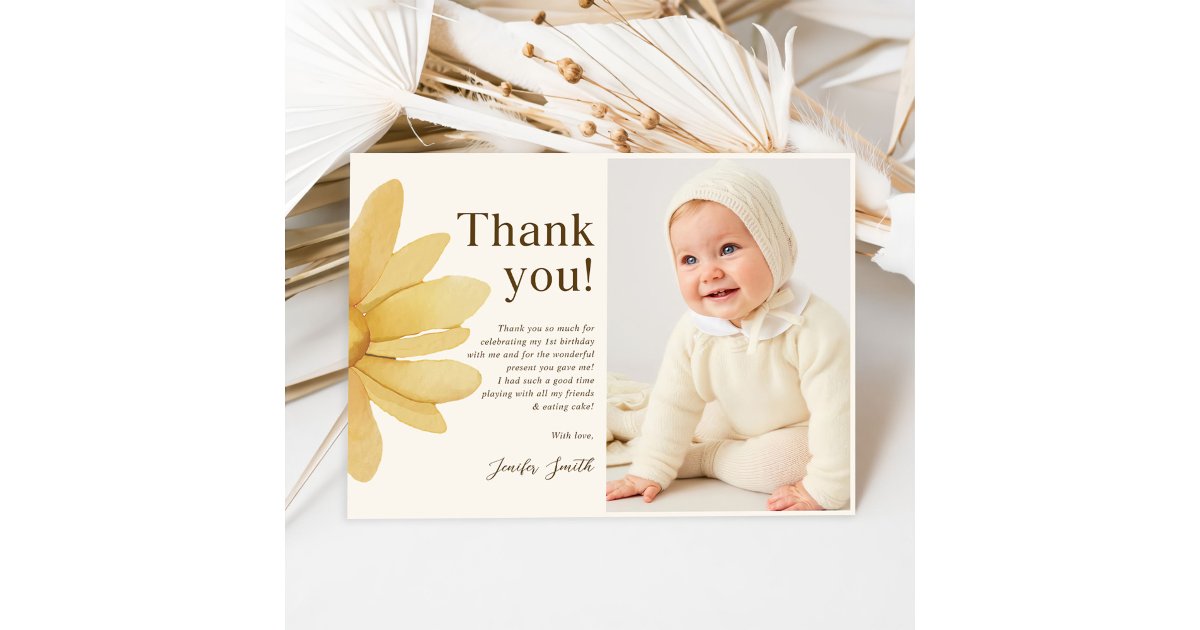 Bohemian Yellow Daisy Floral Birthday Photo Thank You Card | Zazzle