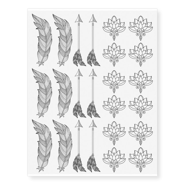 Bohemian Zen Feather Arrow Lotus Festival Set Temporary Tattoos (Front)