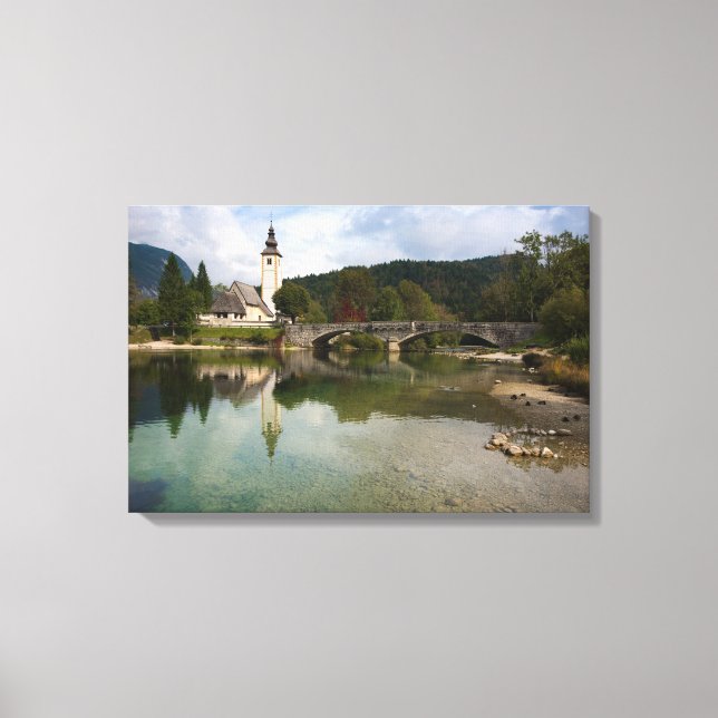 Bohinj lake with church in Slovenia canvas print (Front)