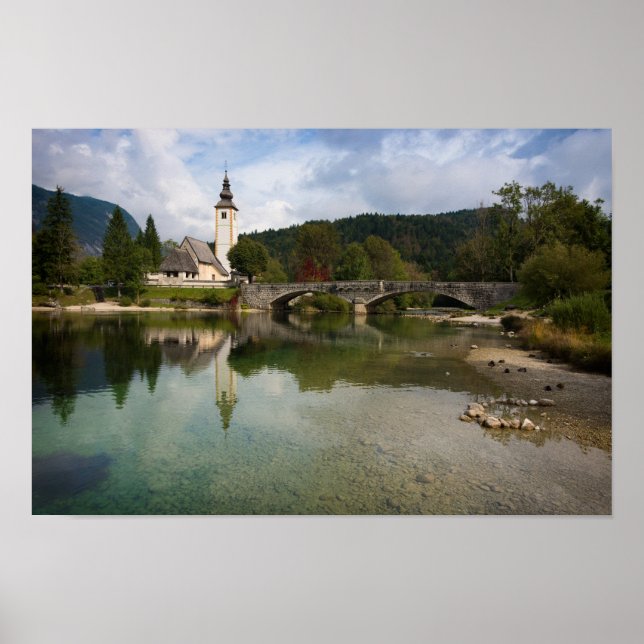 Bohinj lake with church in Slovenia poster (Front)
