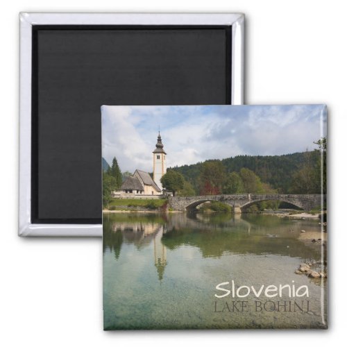 Bohinj lake with church in Slovenia text magnet