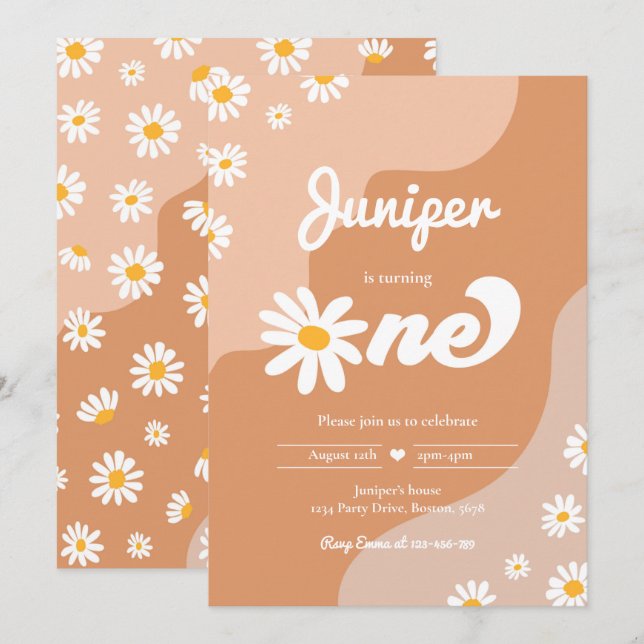 Boho 1st Birthday Daisy Floral Groovy 70's Party Invitation (Front/Back)