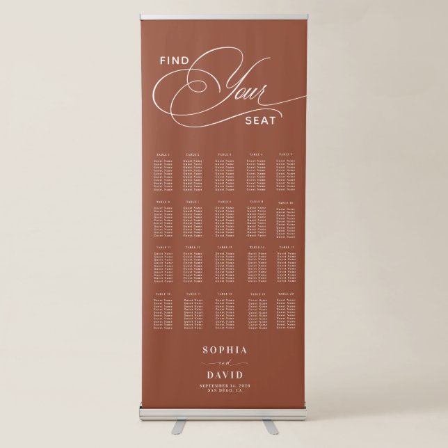 Boho  20 Table Calligraphy Wedding Seating Chart Retractable Banner (Front)