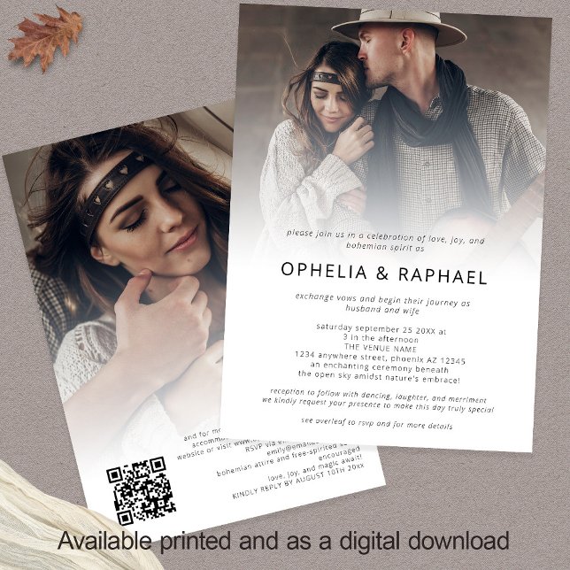 Boho 2 Photos Overlay QR Code Bohemian Wedding  Invitation (Front and back view)
