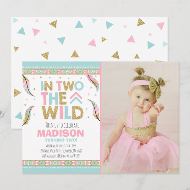 Boho 2nd Birthday Invitation In Two The Wild Party (Front/Back)