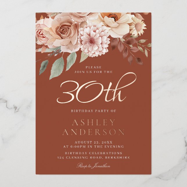 Boho 30th Birthday Celebration Real Rose Gold Foil Invitation (Front)