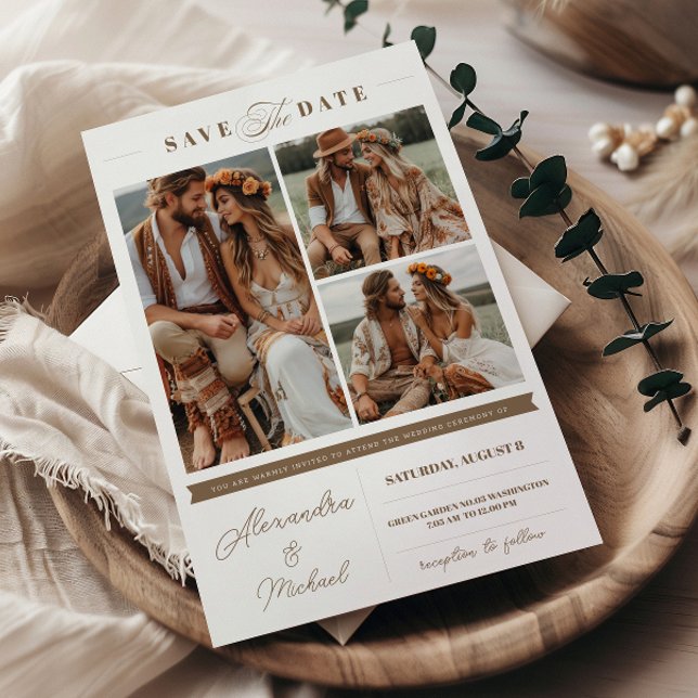 Boho 3 Photos Save The Date Invitation (Creator Uploaded)