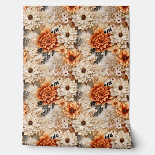 Boho 3d fall autumn wildflowers terracotta rusty wallpaper 