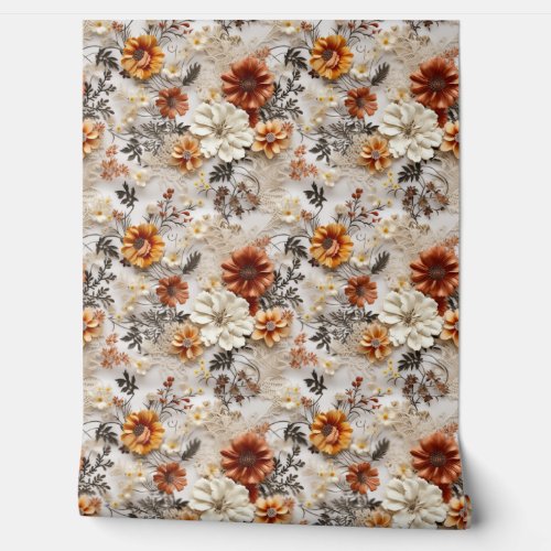 Boho 3d fall autumn wildflowers terracotta rusty wallpaper 