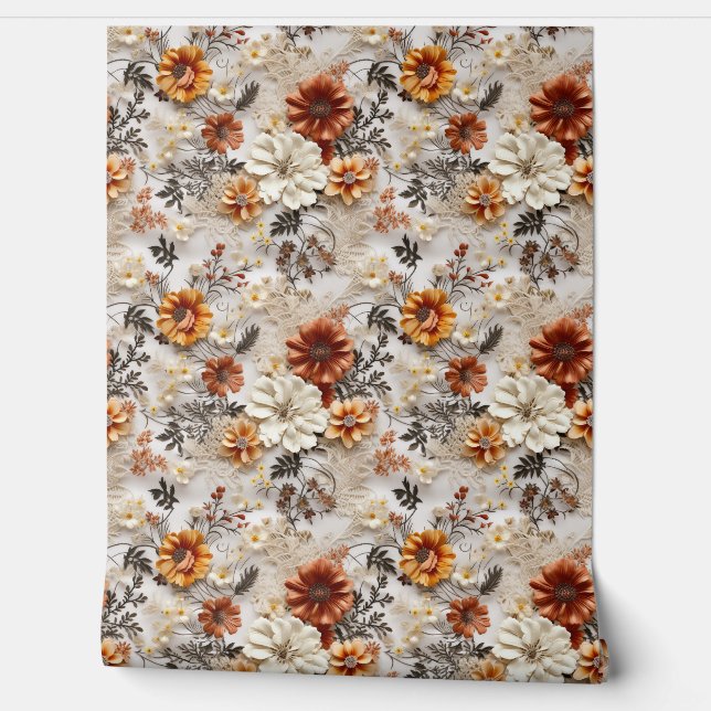 Boho 3d fall autumn wildflowers terracotta rusty wallpaper  (Unrolling)