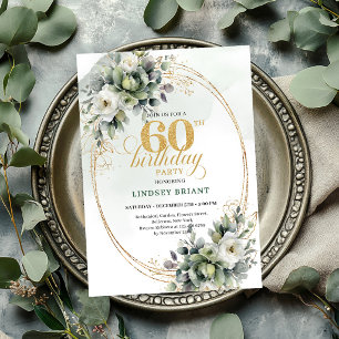 Boho 60th Birthday Green And White Leaf Invite
