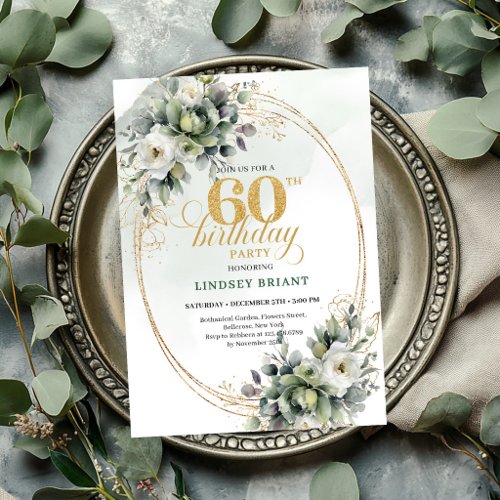Boho 60th Birthday Green And White Leaf Invite