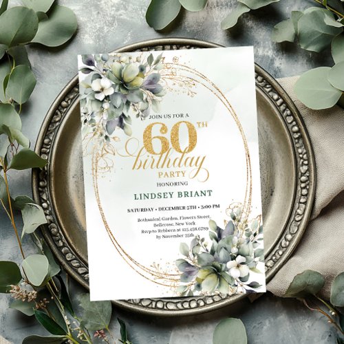 Boho 60th Birthday Watercolor Green Invite