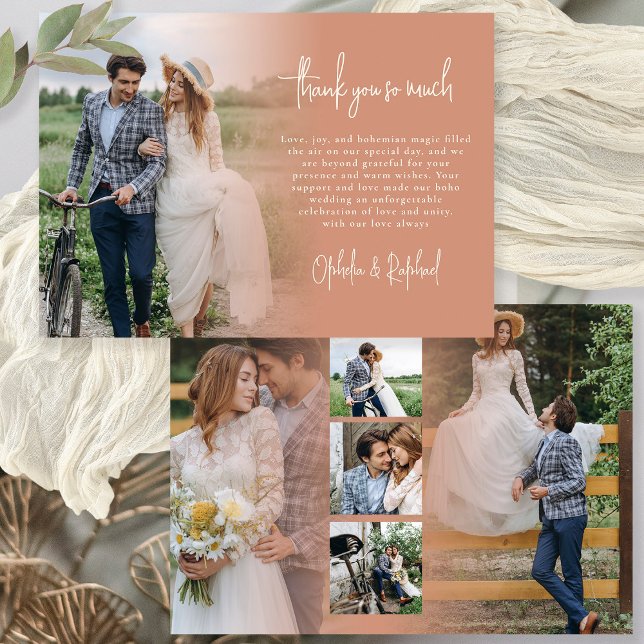 Boho 6 Photo Script Terracotta Wedding Thank You Card (Front and back view. Available printed or digitally)