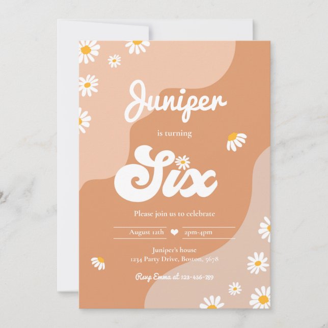Boho 6th Birthday Daisy Floral Groovy 70's Party Invitation (Front)