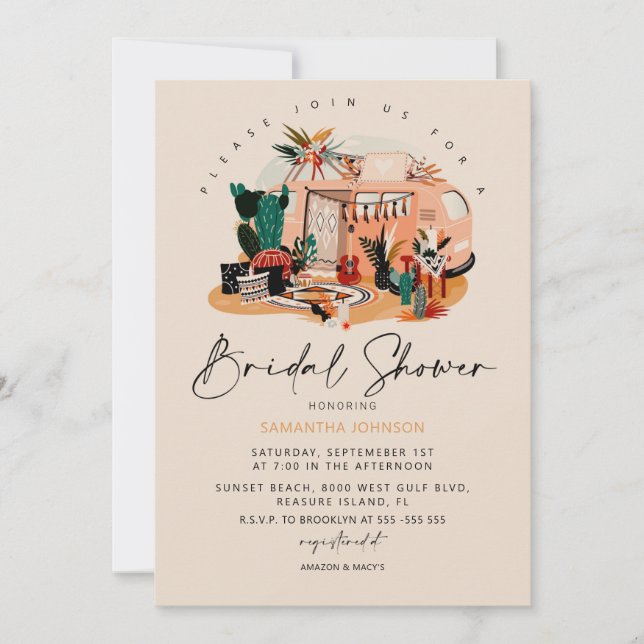 Boho 70s Pampas & Cacti Bridal Shower Invitation (Front)