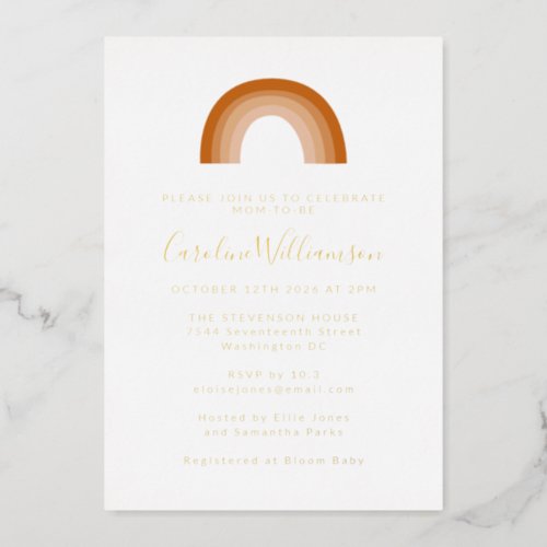 Boho 70s Rainbow Terracotta Baby Shower Gold Foil Invitation