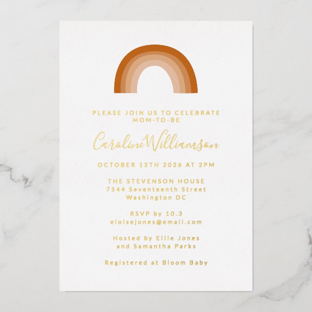 Boho 70s Rainbow Terracotta Baby Shower Gold Foil Invitation (Front)