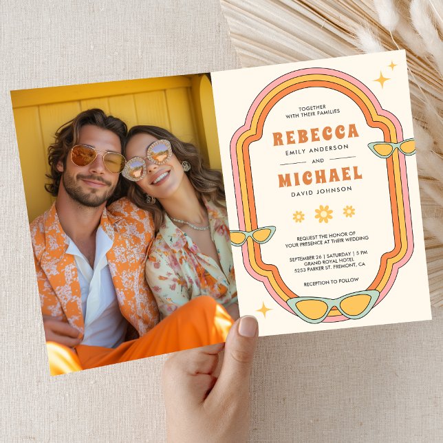 Boho 70s Retro Colorful Groovy Frame Wedding Invitation (Creator Uploaded)