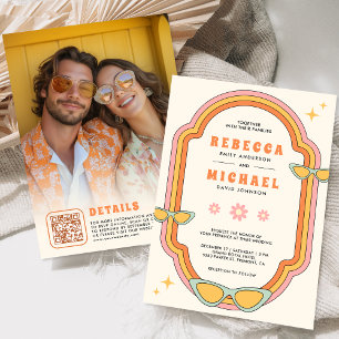 Boho 70s Retro Colorful Groovy Frame Wedding Invitation