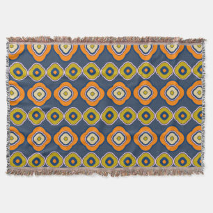 Boho 70s Retro Shapes Pattern Blue Orange  Throw Blanket
