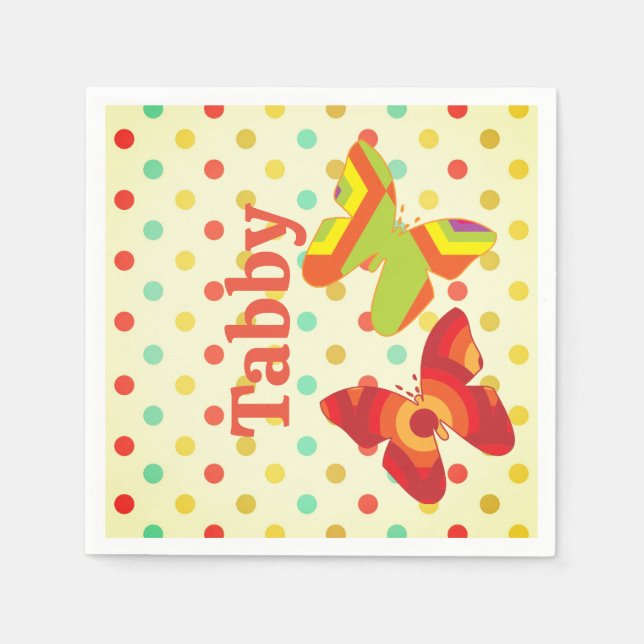 Boho 70's stripe polka dot butterfly orange yellow napkins (Front)