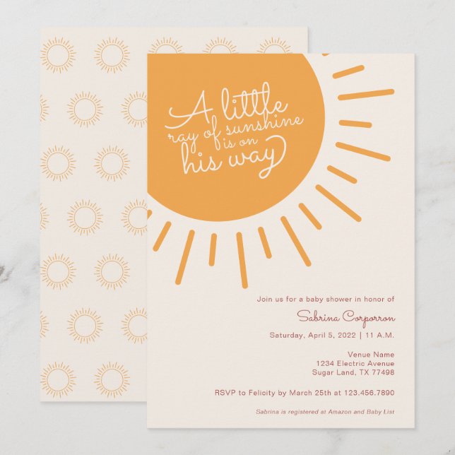 Boho A little ray of sunshine boy terra cotta Invi Invitation (Front/Back)